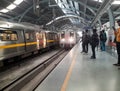 New Delhi India, June 21 2022 - Delhi Metro train arriving at Jhandewalan metro station in New Delhi, India, Asia, Public Metro