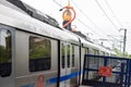 New Delhi India Ã¢â¬â June 21 2022 - Delhi Metro train arriving at Jhandewalan metro station in New Delhi