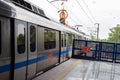 New Delhi India Ã¢â¬â June 21 2022 - Delhi Metro train arriving at Jhandewalan metro station in New Delhi, India
