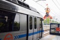 New Delhi India Ã¢â¬â June 21 2022 - Delhi Metro train arriving at Jhandewalan metro station in New Delhi, India