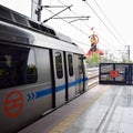 New Delhi India Ã¢â¬â June 21 2022 - Delhi Metro train arriving at Jhandewalan metro station in New Delhi, India