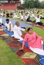 New Delhi, India, June 21, 2023 - Group Yoga exercise session for people at Yamuna Sports Complex in Delhi on International Yoga