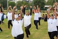 New Delhi, India, June 21, 2023 - Group Yoga exercise session for people at Yamuna Sports Complex in Delhi on International Yoga