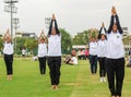 New Delhi, India, June 21, 2023 - Group Yoga exercise session for people at Yamuna Sports Complex in Delhi on International Yoga