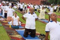 New Delhi, India, June 21, 2023 - Group Yoga exercise session for people at Yamuna Sports Complex in Delhi on International Yoga