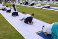 New Delhi, India, June 21, 2023 - Group Yoga exercise session for people at Yamuna Sports Complex in Delhi on International Yoga