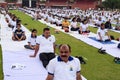 New Delhi, India, June 21, 2023 - Group Yoga exercise session for people at Yamuna Sports Complex in Delhi on International Yoga