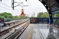 New Delhi India Ã¢â¬â June 21 2022 - Delhi Metro train arriving at Jhandewalan metro station in New Delhi, India, Asia