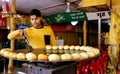 New Delhi, India, A Man making Aloo tikki (fried potato cutlets), food stall india street food
