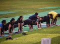 New Delhi, India, May 31 2023 - Group Yoga exercise class Surya Namaskar for people of different age in Lodhi Garden,