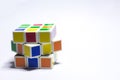 New Delhi, India - May 10, 2019. Rubik`s cube color blue, white, orange, green, yellow on white background with space for text