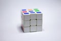 New Delhi, India - Oct 10, 2019. Rubik`s cube color blue, white, orange, green, yellow on white background with space for text