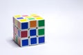 New Delhi, India - Oct 10, 2019. Rubik`s cube color blue, white, orange, green, yellow on white background with space for text