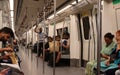 Metro subway underground metro inside train in New Delhi.