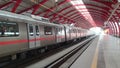 New Delhi India, October 09 2023 - Delhi Metro train arriving at Jhandewalan metro station in New Delhi, India, Asia, Public