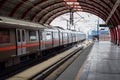 New Delhi India, October 09 2023 - Delhi Metro train arriving at Jhandewalan metro station in New Delhi, India, Asia, Public