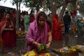 New Delhi, Delhi/ India- October 24 2020 : Women of India celebrating Chhath Pooja by drowning themselves in Water for praying to