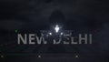 NEW DELHI text and commercial plane taking off from the airport runway at night, 3d rendering