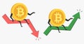 Bitcoin cartoon character in bull or bear market trend in crypto currency. Green up or red down arrow graph. Royalty Free Stock Photo