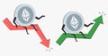 Ethereum token silver coin cartoon characters with price up down arrow for trading.