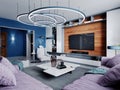 New design of multi-colored living room in contemporary style. Purple furniture, white and black cabinets and shelves, blue walls Royalty Free Stock Photo