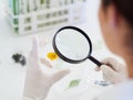 A new discovery seems to be blooming. Closeup shot of an unrecognisable scientist using a magnifying glass to analyse a