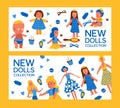New dolls collection set of banners vector illustration. Childhood baby toys with female accessories. Comb, scrunchies