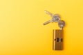 New door lock on a yellow background. Patent and keys from the front door. Royalty Free Stock Photo