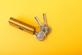 New door lock on a yellow background. Patent and keys from the front door. Royalty Free Stock Photo