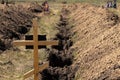 New dug graves, grave cemetery for those infected by coronavirus, Ukraine Dnieper city