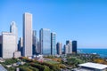 New Eastside cityscape with view of Lake Michigan, public parks and attractions. Chicago, USA. Royalty Free Stock Photo