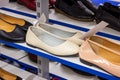 New elegant women shoes on the retail clothing shop display shelf. Royalty Free Stock Photo