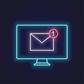 New email neon sign. PC monitor with new message neon banner on dark background