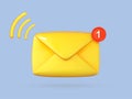 New email notification icon. Volumetric yellow Envelope. Unread mail logo. 3d cartoon vector illustration Royalty Free Stock Photo