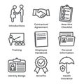 New Employee Hiring Process icon set w checklist, handshake, t