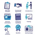 New Employee Hiring Process icon set w checklist, handshake, t