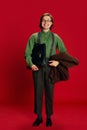 New employee. Studio footage young man, student or office clerk in vintage fashion style costume, suit posing isolated Royalty Free Stock Photo