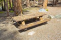 New empty picnic wooden table in a wood with trees