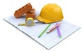 New engineering plan, ÃÂonstruction helmet, stationery items and