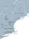 New England region of the United States, gray political map