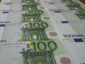 New 100 Euro banknotes are neatly arranged in rows Royalty Free Stock Photo