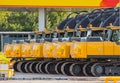 New Excavators are lined up in a parking lot Royalty Free Stock Photo