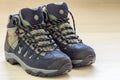 New fashionable hiking mountain boots. Modern leather trekking f Royalty Free Stock Photo