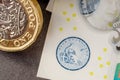 New five sterling pounds note and one pound coin Royalty Free Stock Photo