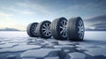 new four winter tires close up in amazing winter snow and ice epic landscape