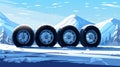 new four winter tires close up in amazing winter snow and ice epic landscape