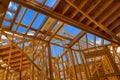 New frame structure wood board assembled on construction site from natural materials floor ceiling Royalty Free Stock Photo