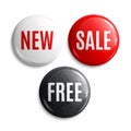 New, Free, Sale on glossy buttons or badges. Product promotions. Vector. Royalty Free Stock Photo