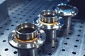 New freshly welded stainless steel flanges. Demonstration of reference multi-colored seams Royalty Free Stock Photo