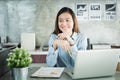 New generation asians business woman using laptop at office,Asian women sitting smiling while working on mobile office concept Royalty Free Stock Photo